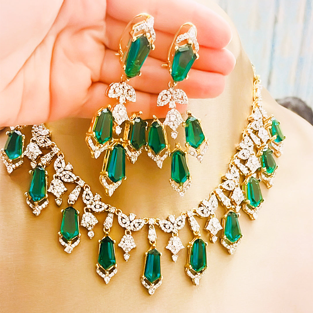 Sabreen Jurao Set – Handmade Gold Plated Cubic Zirconia Choker, Earrings & Bindiya
