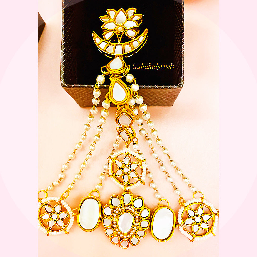 Customizable Kundan Ring Bracelet Combo With Pearl White Droplets