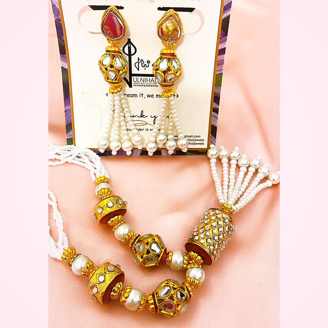 Zoe Red & White Kundan Beaded Mala Set With Earrings