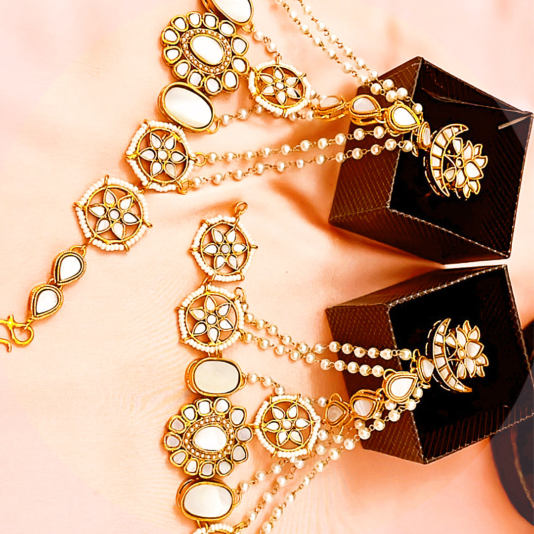 Customizable Kundan Ring Bracelet Combo With Pearl White Droplets