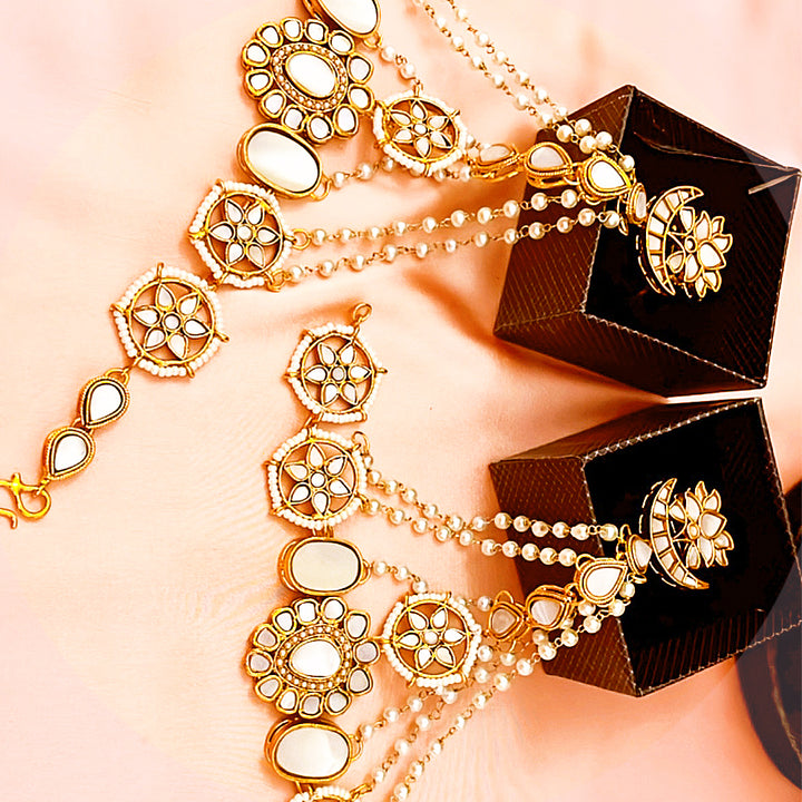 Customizable Kundan Ring Bracelet Combo With Pearl White Droplets
