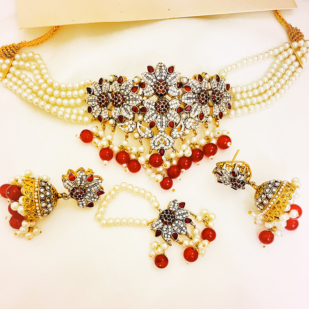 Sitara 4-Piece Floral Pearl CZ Choker Set