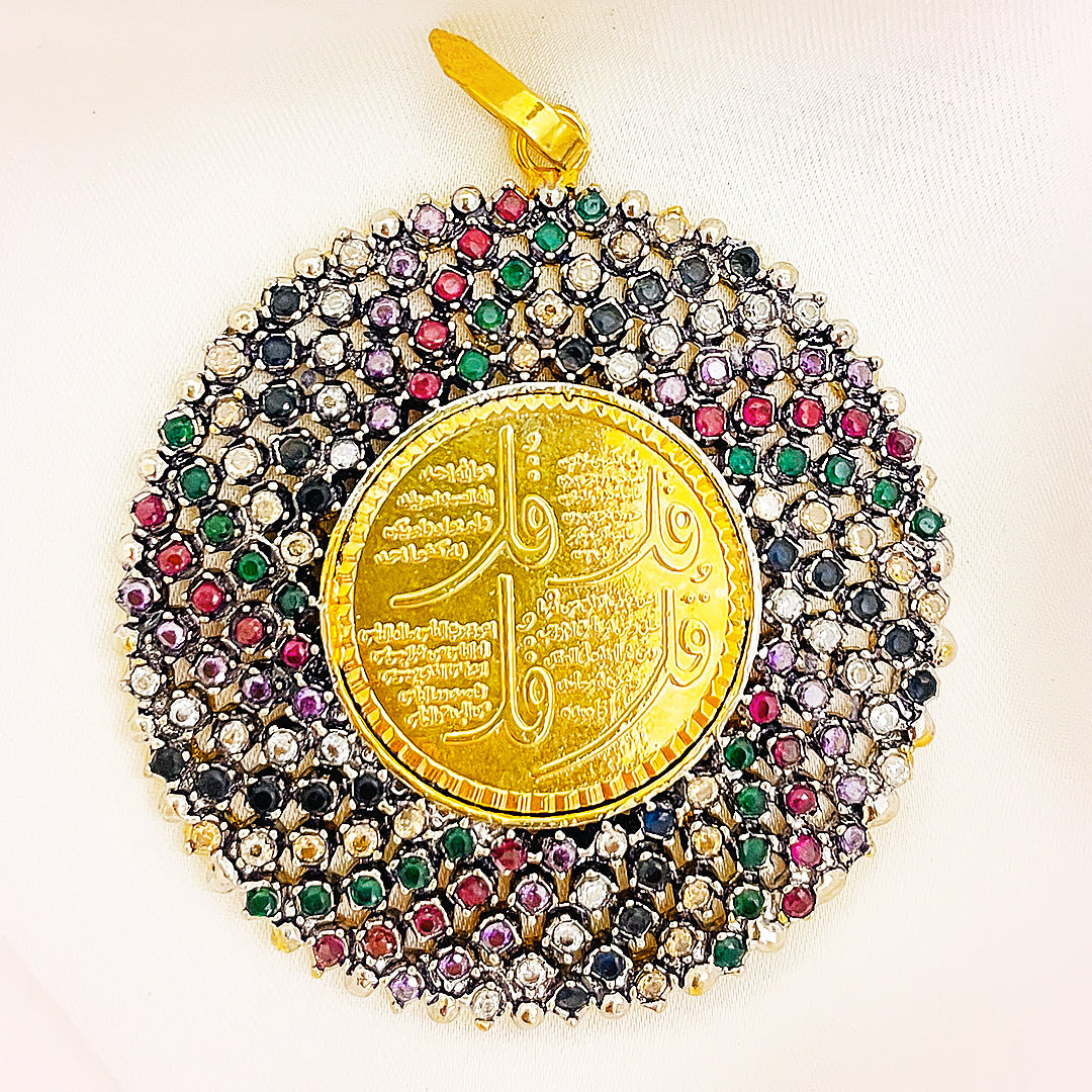 Round Multi-Stone Calligraphy Brass Pendant