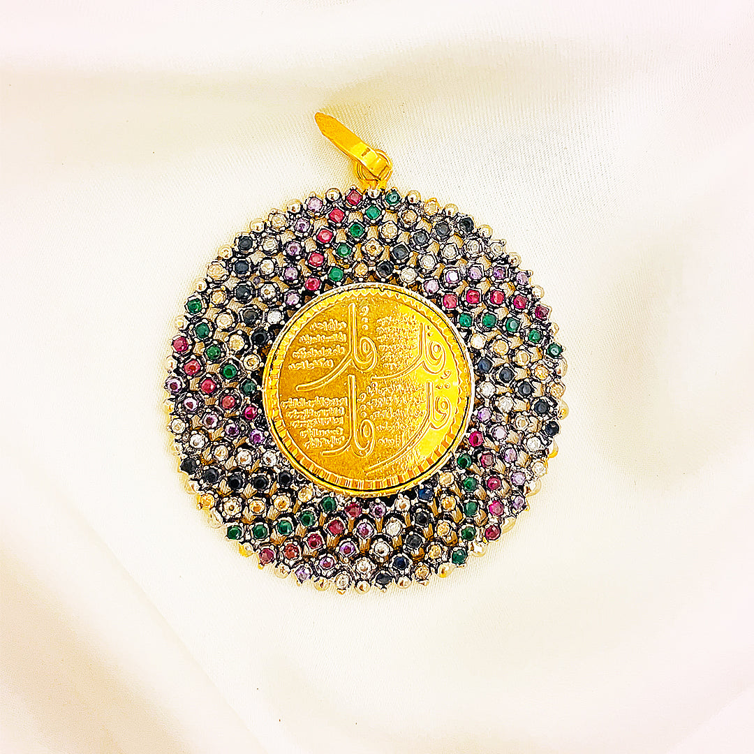 Round Multi-Stone Calligraphy Brass Pendant