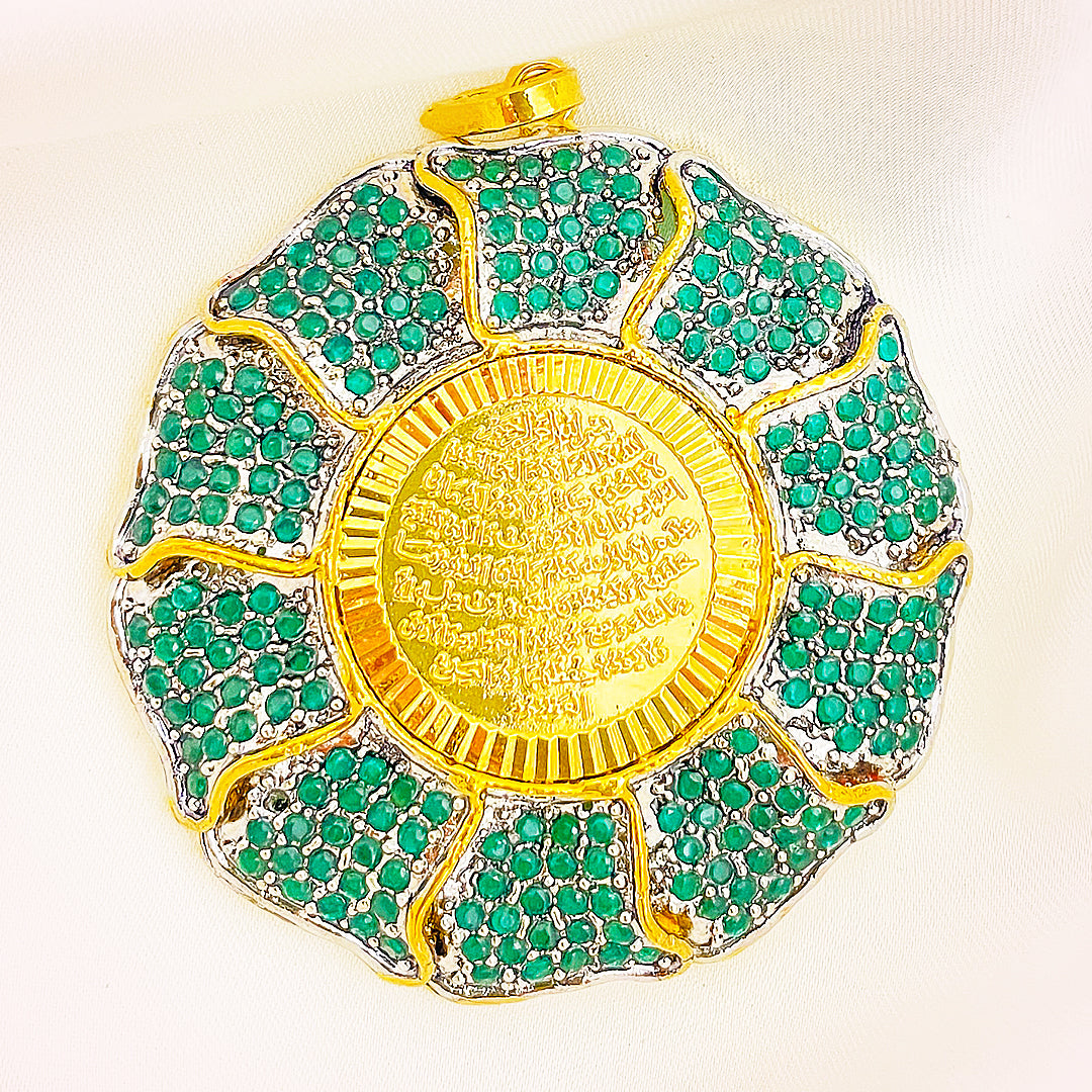 Round Green-Stone Calligraphy Brass Pendant
