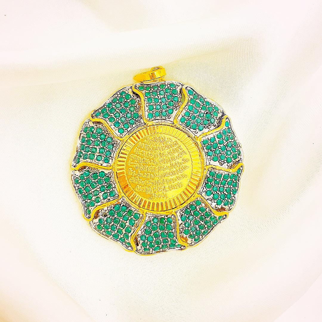 Round Green-Stone Calligraphy Brass Pendant