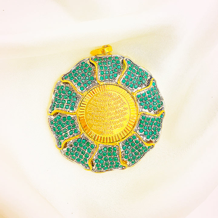 Round Green-Stone Calligraphy Brass Pendant