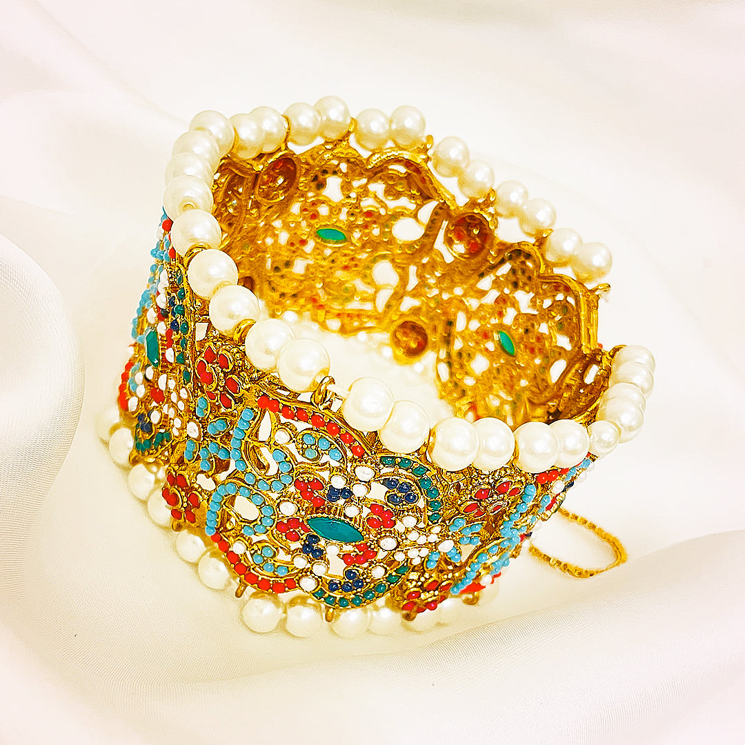Wide Multi-Stone Noratan Kara Brass Bangle