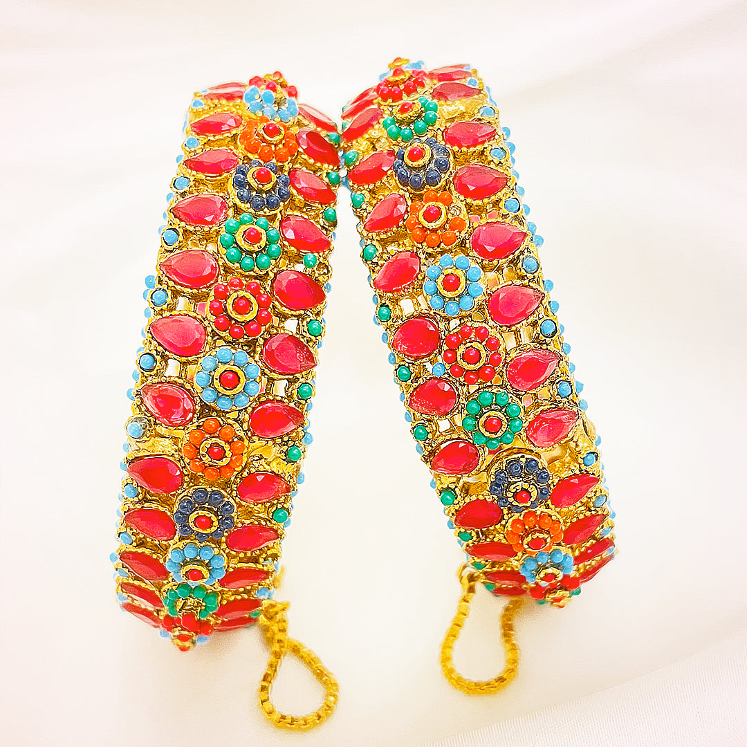 Floral Multi-Stone Kara Brass Bangles Pair