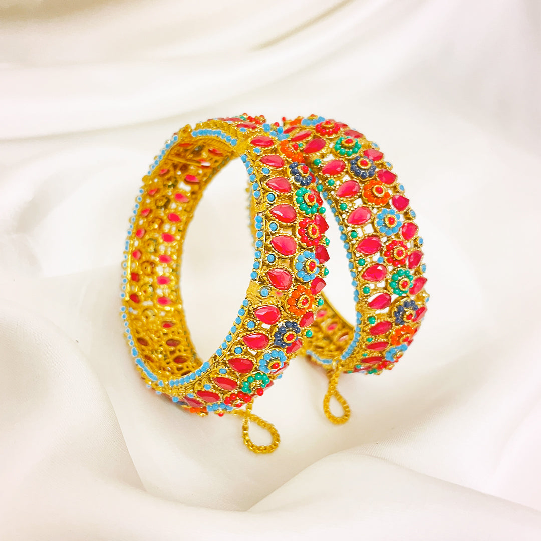 Floral Multi-Stone Kara Brass Bangles Pair