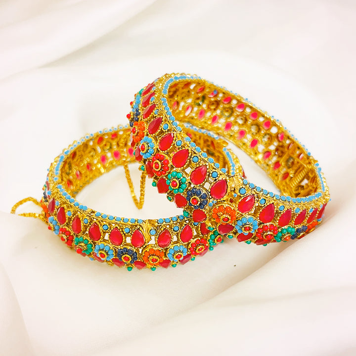 Floral Multi-Stone Kara Brass Bangles Pair