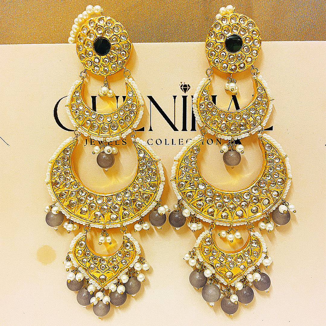 Selina Tappa Kundan Gold Plated Earrings – Layered Crescent Design With Grey Beaded Droplets