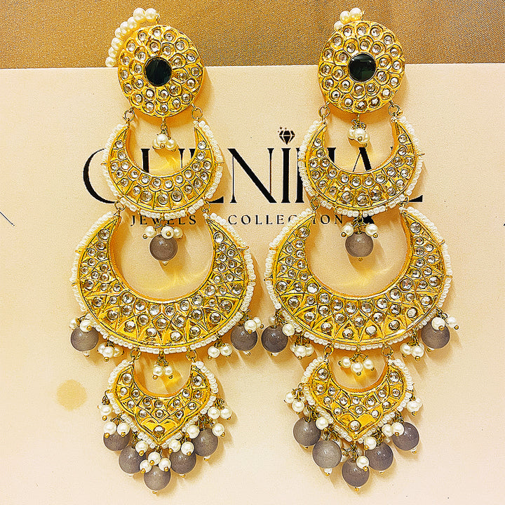 Selina Tappa Kundan Gold Plated Earrings – Layered Crescent Design With Grey Beaded Droplets