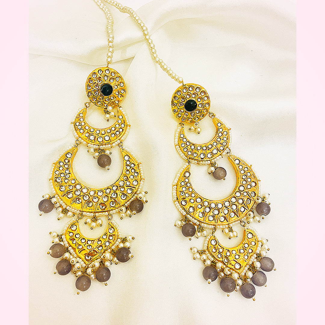 Selina Tappa Kundan Gold Plated Earrings – Layered Crescent Design With Grey Beaded Droplets