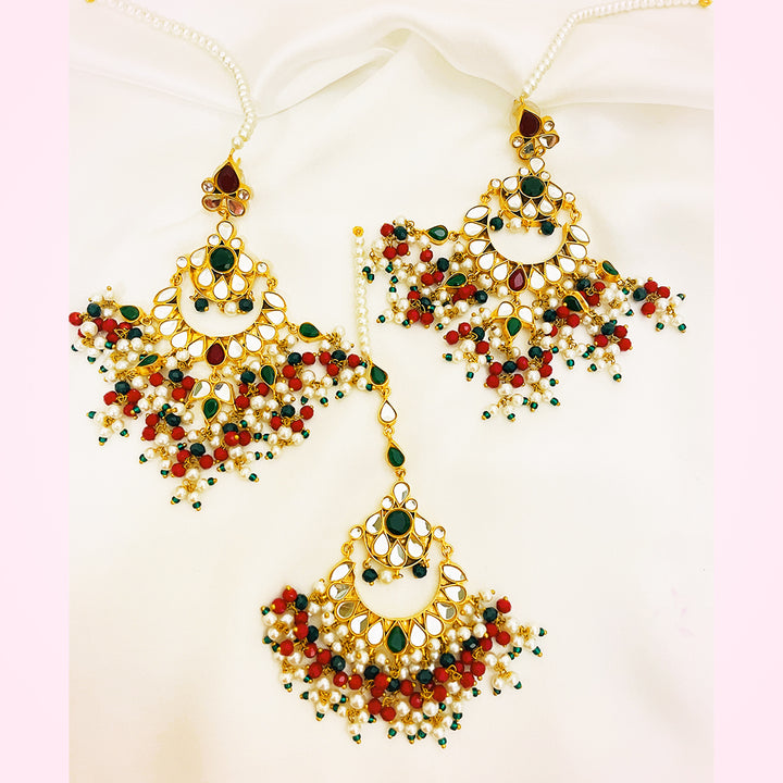 Fareen Tappa Kundan Gold Plated Combo Set – Earrings & Bindiya With Rich Droplet Hangings