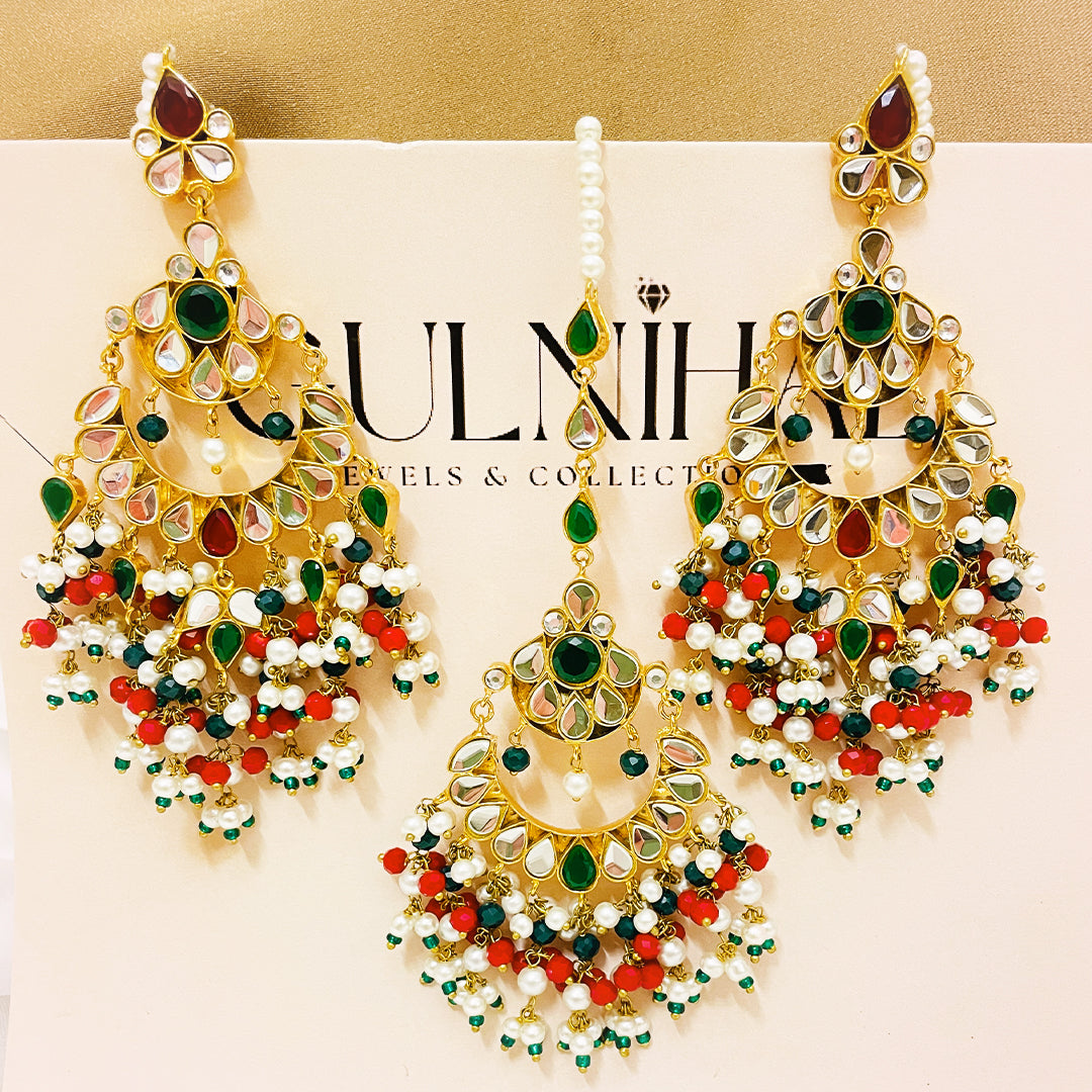 Fareen Tappa Kundan Gold Plated Combo Set – Earrings & Bindiya With Rich Droplet Hangings