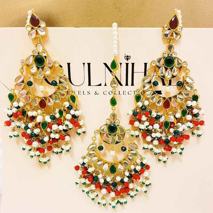Fareen Tappa Kundan Gold Plated Combo Set – Earrings & Bindiya With Rich Droplet Hangings