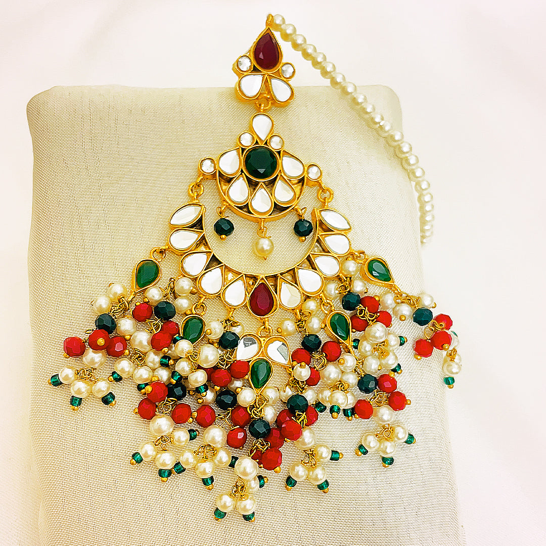 Fareen Tappa Kundan Gold Plated Combo Set – Earrings & Bindiya With Rich Droplet Hangings