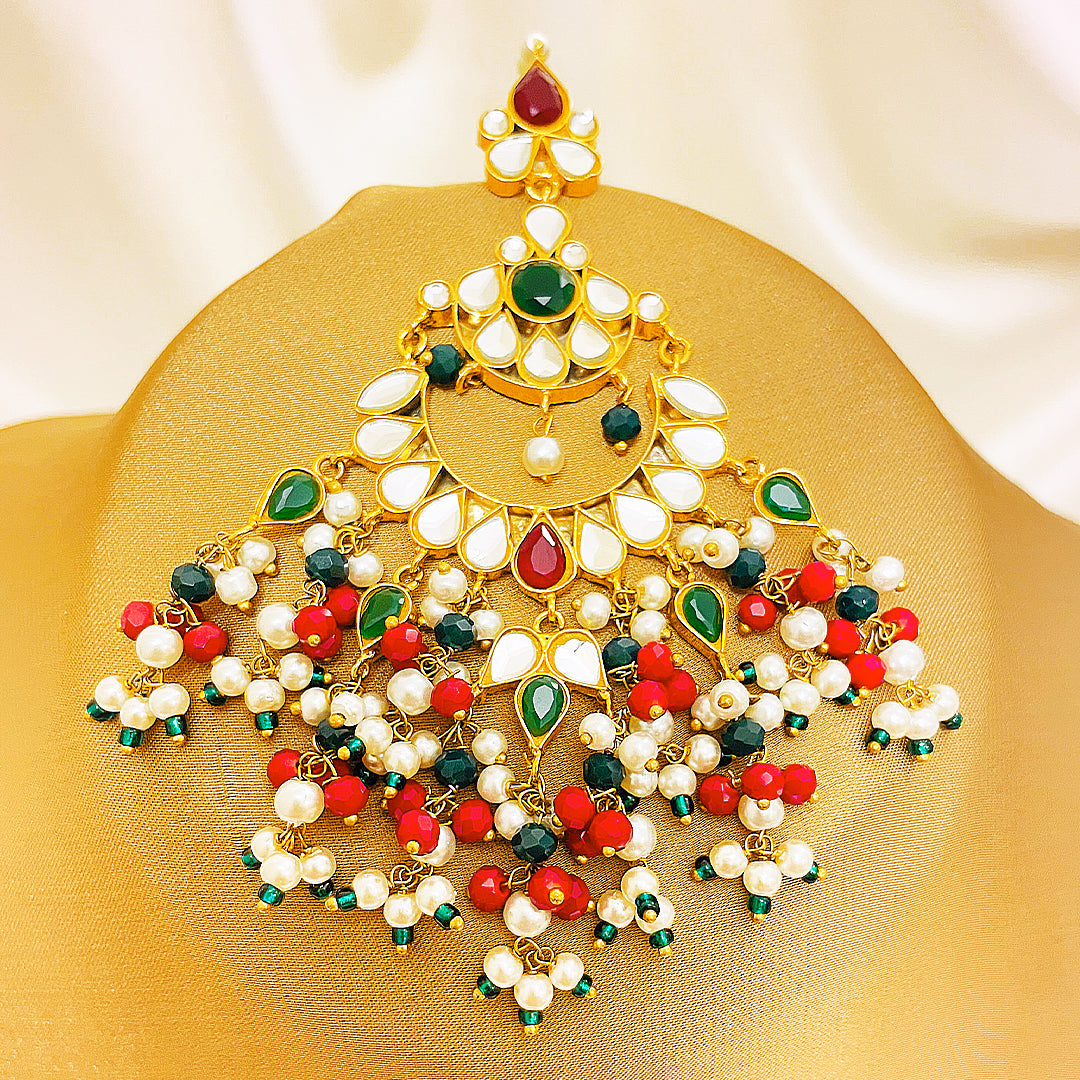 Fareen Tappa Kundan Gold Plated Combo Set – Earrings & Bindiya With Rich Droplet Hangings