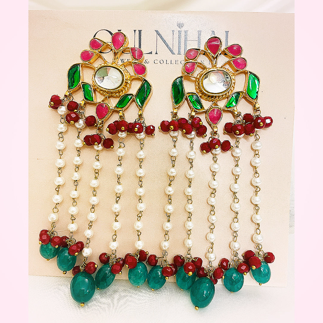 Eshal Tappa Kundan Gold-Plated Earrings – Floral Mina Design With Pearl Chains & Aqua Red Droplet Hangings