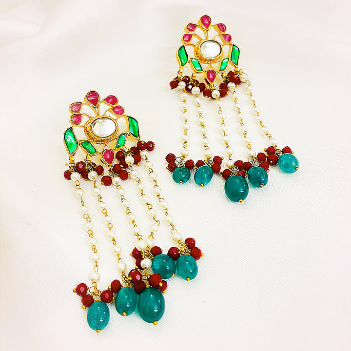 Eshal Tappa Kundan Gold-Plated Earrings – Floral Mina Design With Pearl Chains & Aqua Red Droplet Hangings