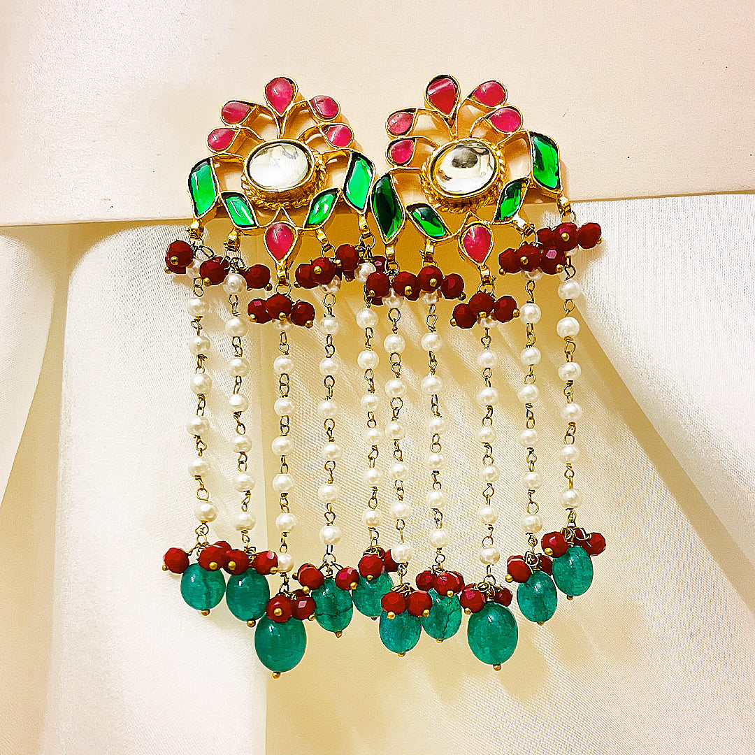 Eshal Tappa Kundan Gold-Plated Earrings – Floral Mina Design With Pearl Chains & Aqua Red Droplet Hangings