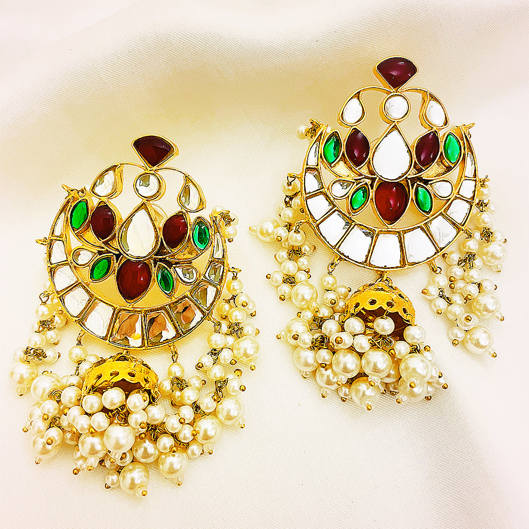 Chunda Tappa Kundan Gold-Plated Earrings – Crescent Mina Design With Pearl Dome Hangings.