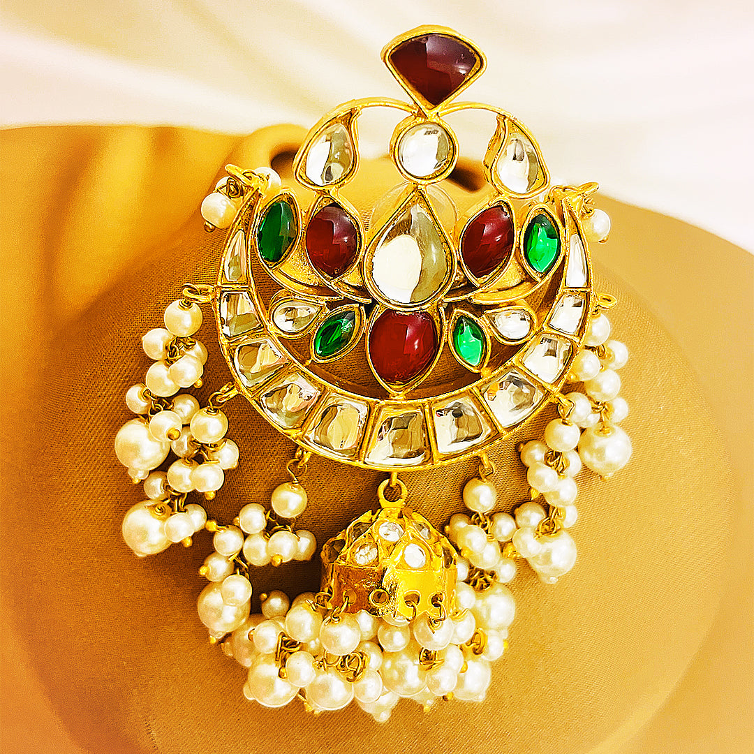Chunda Tappa Kundan Gold-Plated Earrings – Crescent Mina Design With Pearl Dome Hangings.