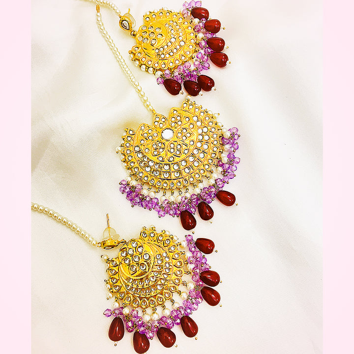 Rameen Tappa Kundan Gold-Plated Set – Handcrafted Earrings & Bindiya With Purple and Pink Droplet Hangings