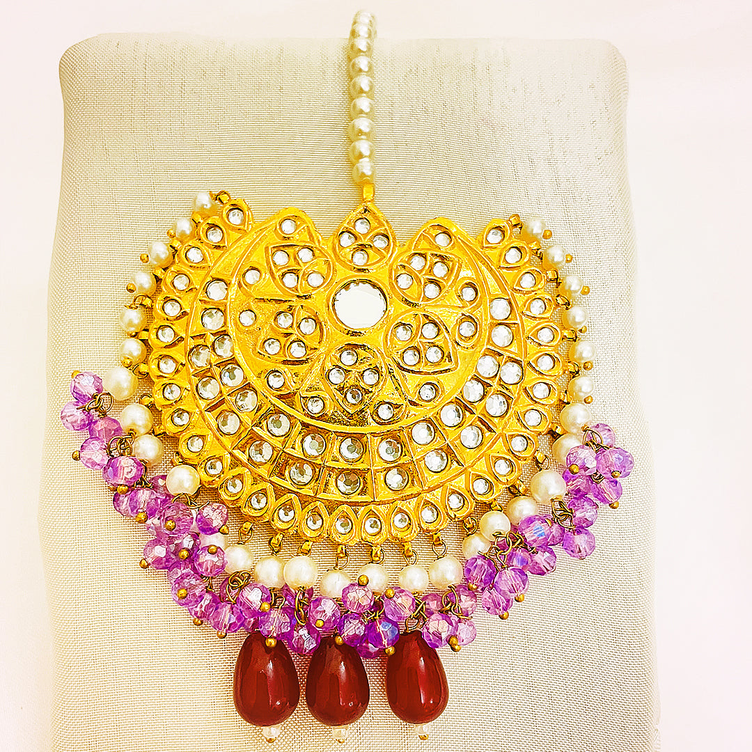 Rameen Tappa Kundan Gold-Plated Set – Handcrafted Earrings & Bindiya With Purple and Pink Droplet Hangings