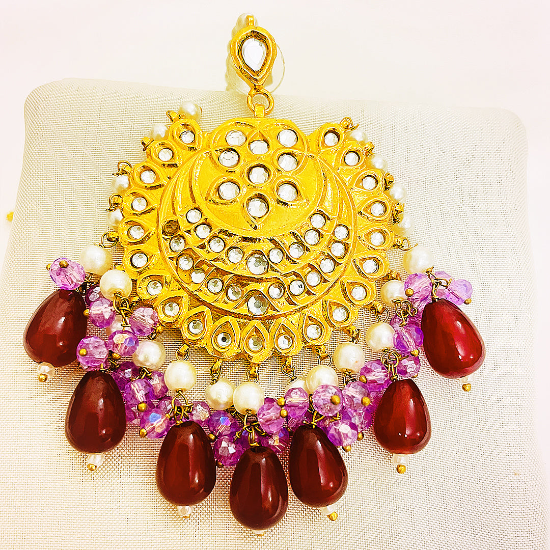 Rameen Tappa Kundan Gold-Plated Set – Handcrafted Earrings & Bindiya With Purple and Pink Droplet Hangings