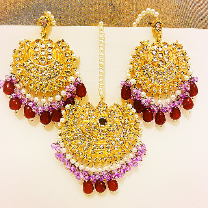 Rameen Tappa Kundan Gold-Plated Set – Handcrafted Earrings & Bindiya With Purple and Pink Droplet Hangings