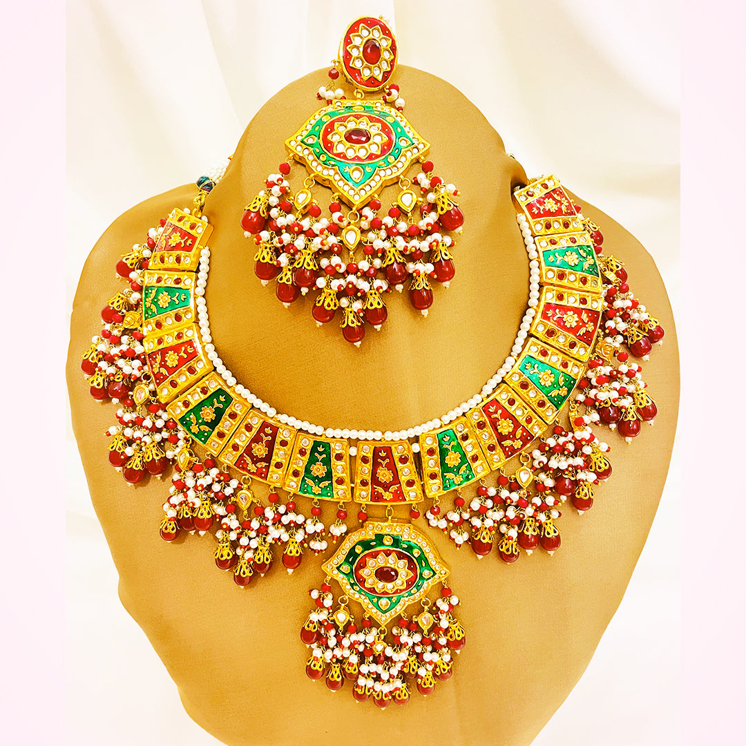 Ramsha Thappa Kundan Bridal Set – Handcrafted Enamel & Droplet Work Jewelry