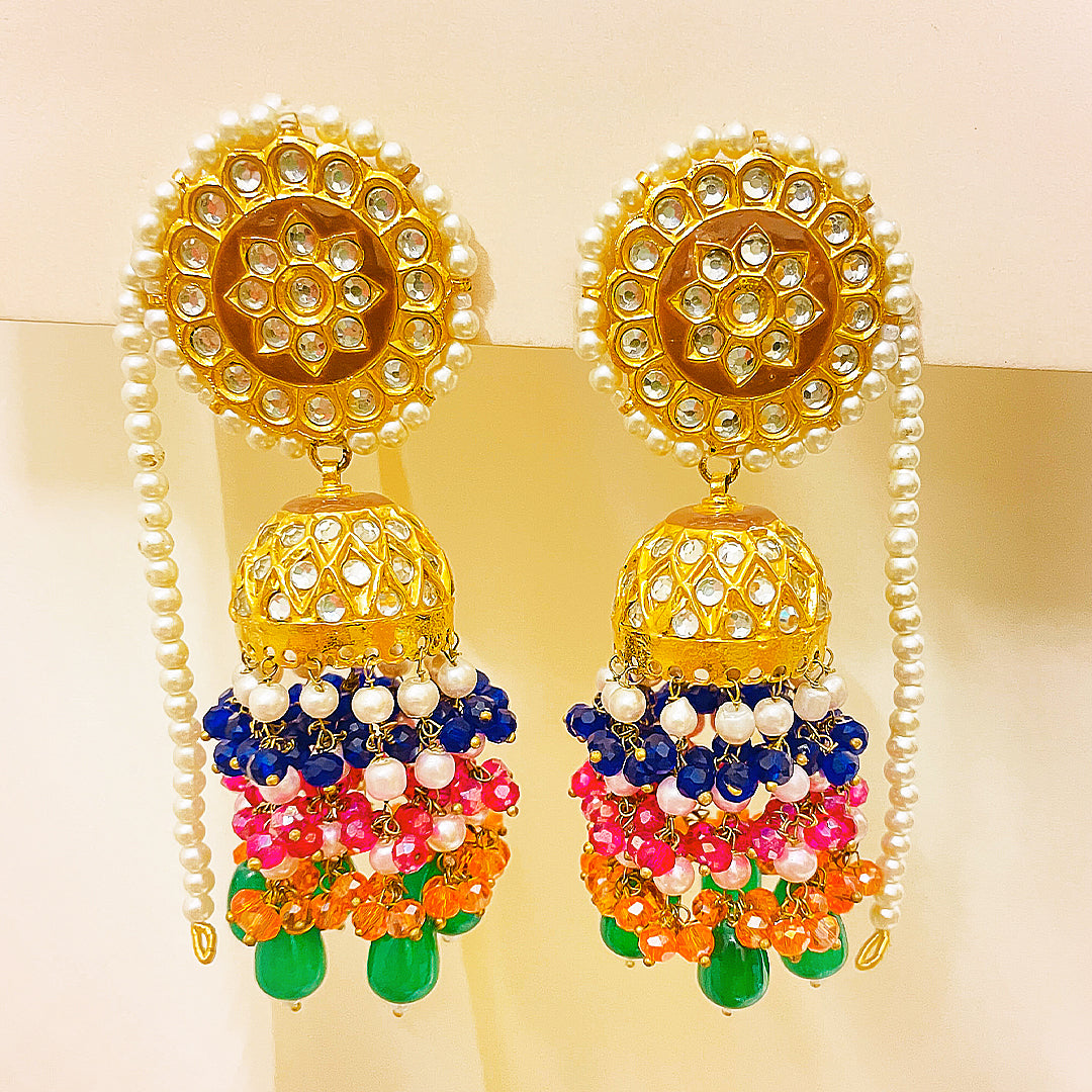 Rangana Tappa Kundan Gold Plated Jhumka Earrings – Mirror Kundan Dome With Multicolor Droplet Tiers