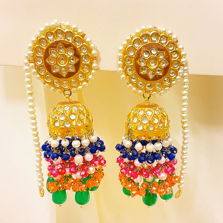 Rangana Tappa Kundan Gold Plated Jhumka Earrings – Mirror Kundan Dome With Multicolor Droplet Tiers