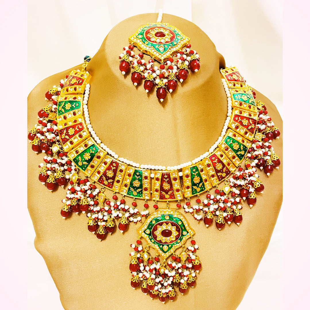Ramsha Thappa Kundan Bridal Set – Handcrafted Enamel & Droplet Work Jewelry