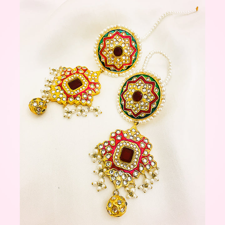 Meher Tappa Kundan Gold Plated Earrings – Handcrafted Mina Work With Pearl Detailing