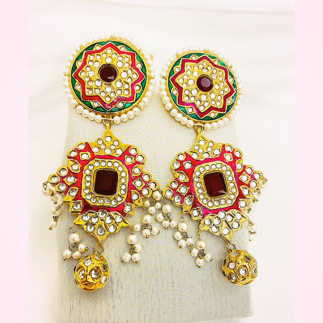 Meher Tappa Kundan Gold Plated Earrings – Handcrafted Mina Work With Pearl Detailing