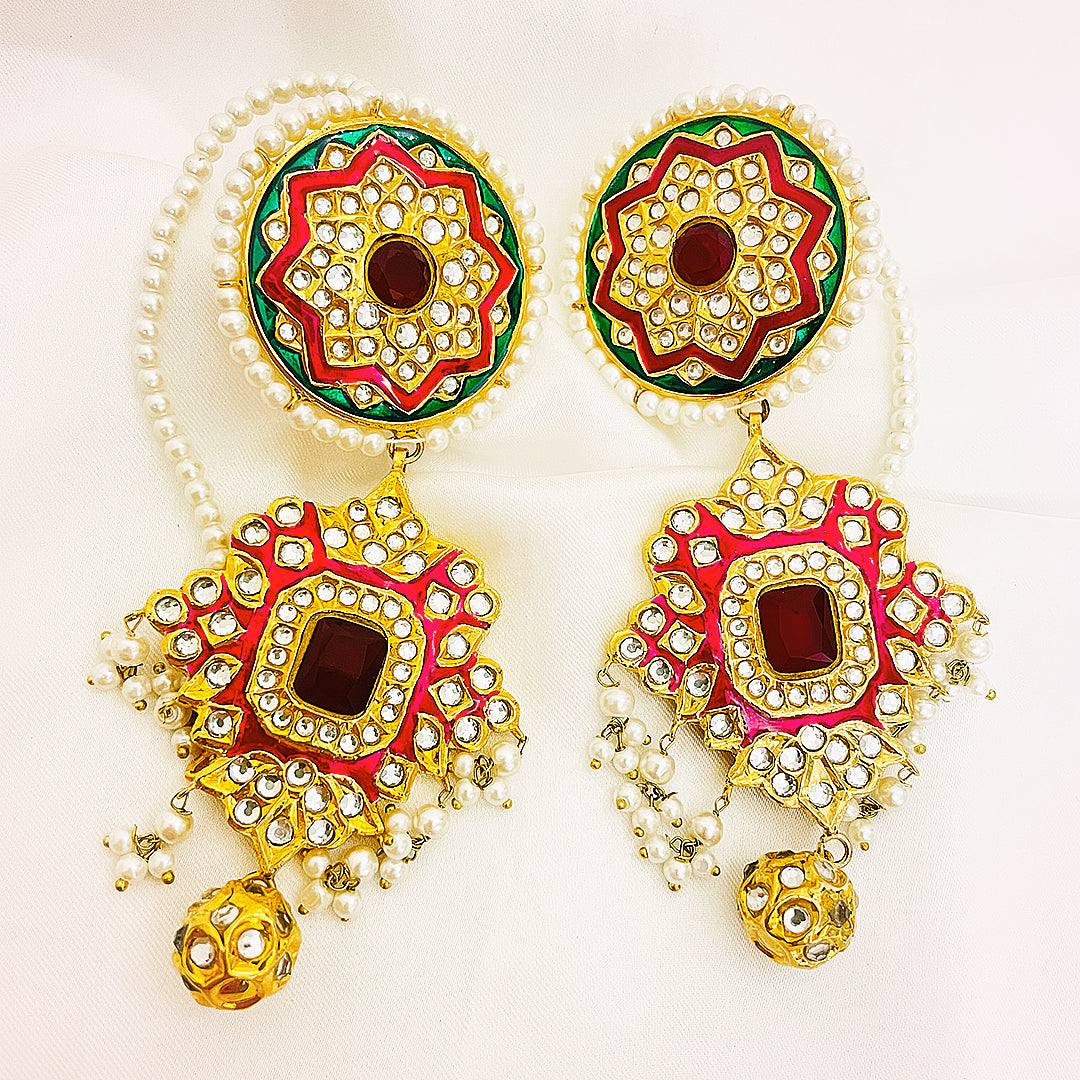 Meher Tappa Kundan Gold Plated Earrings – Handcrafted Mina Work With Pearl Detailing