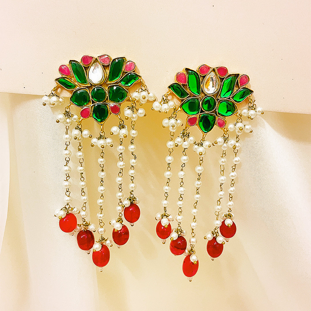 Aleena Tappa Kundan Gold-Plated Earrings – Floral Mina Design With Pearl Chains & Red Droplet Hangings