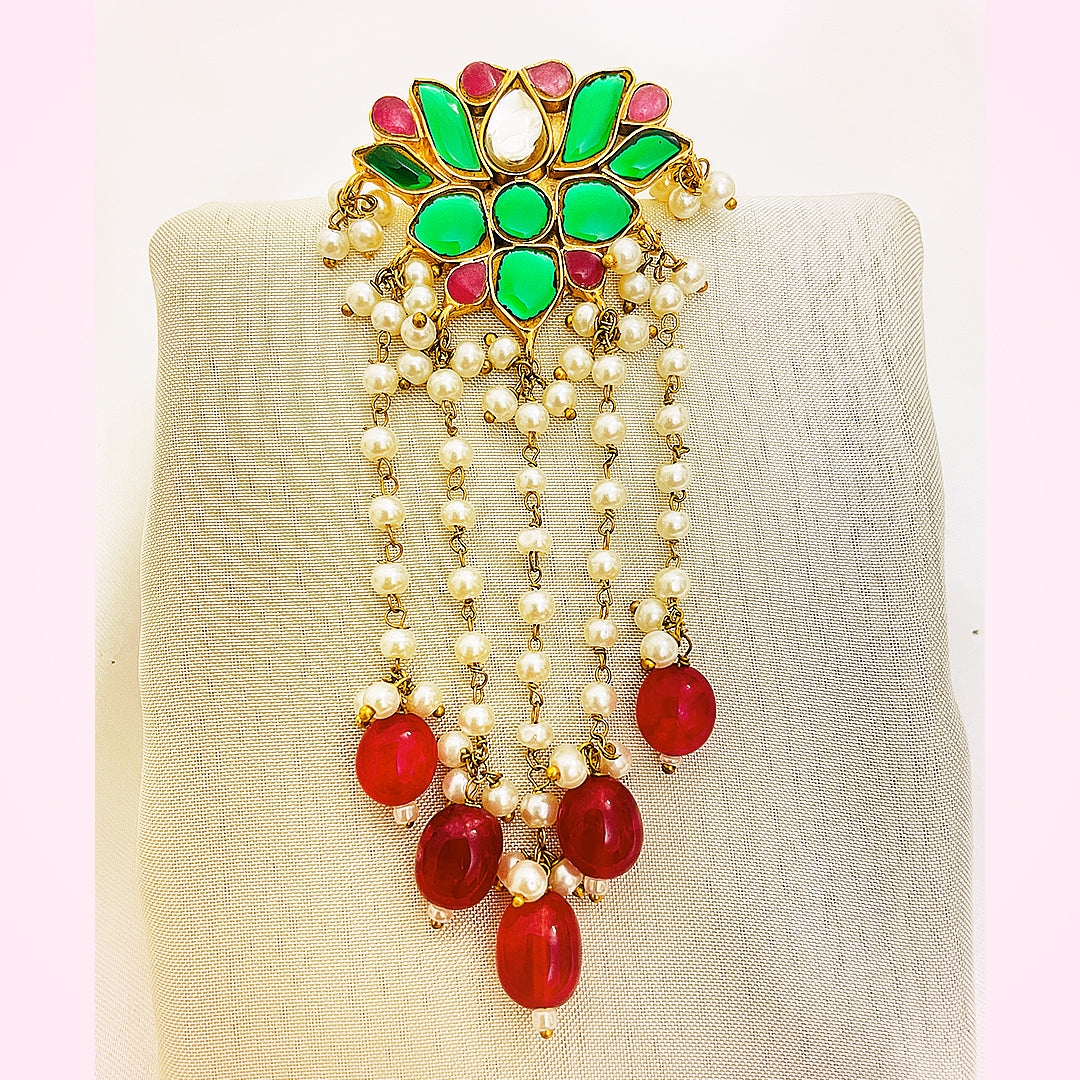 Aleena Tappa Kundan Gold-Plated Earrings – Floral Mina Design With Pearl Chains & Red Droplet Hangings