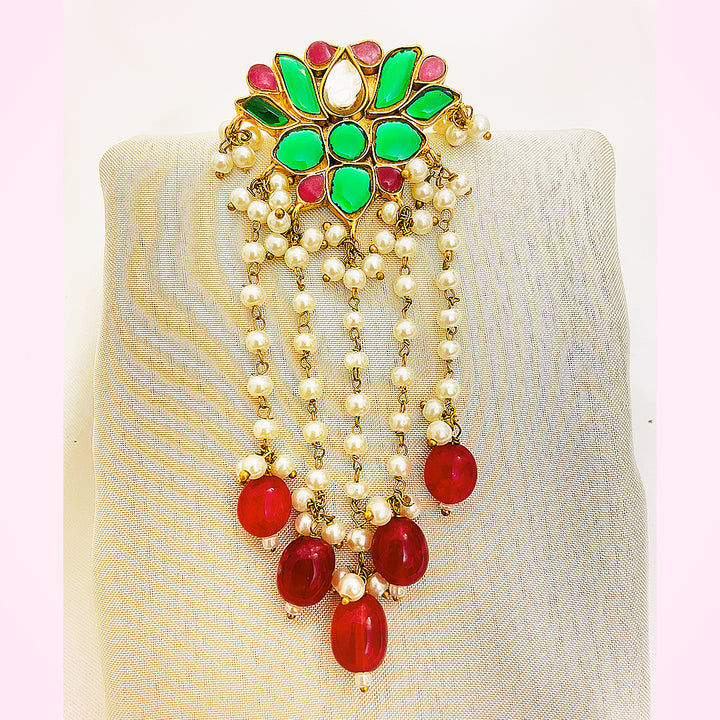 Aleena Tappa Kundan Gold-Plated Earrings – Floral Mina Design With Pearl Chains & Red Droplet Hangings