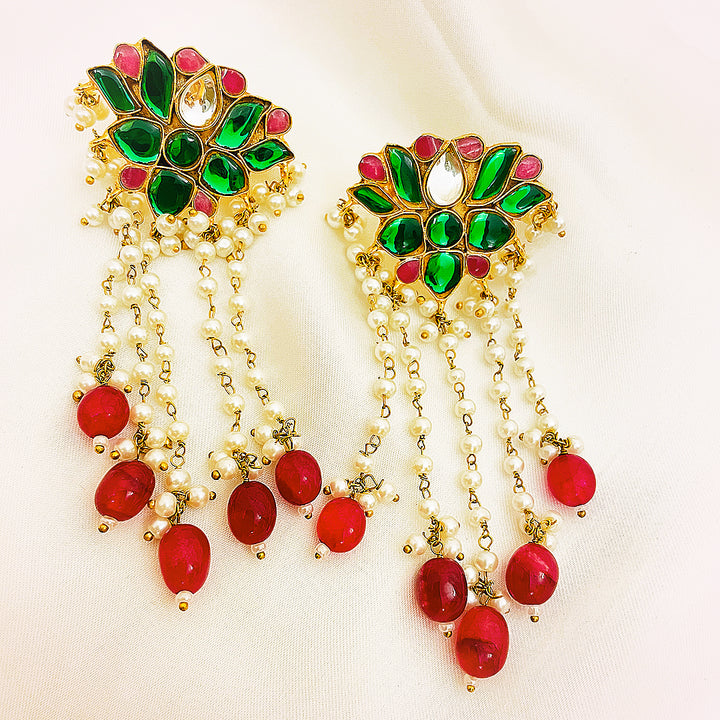 Aleena Tappa Kundan Gold-Plated Earrings – Floral Mina Design With Pearl Chains & Red Droplet Hangings