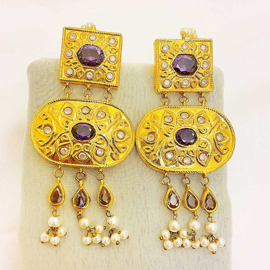 Ranya Tappa Kundan Gold Plated Earrings – Square & Oval Dual Motif With Purple Stone Accents