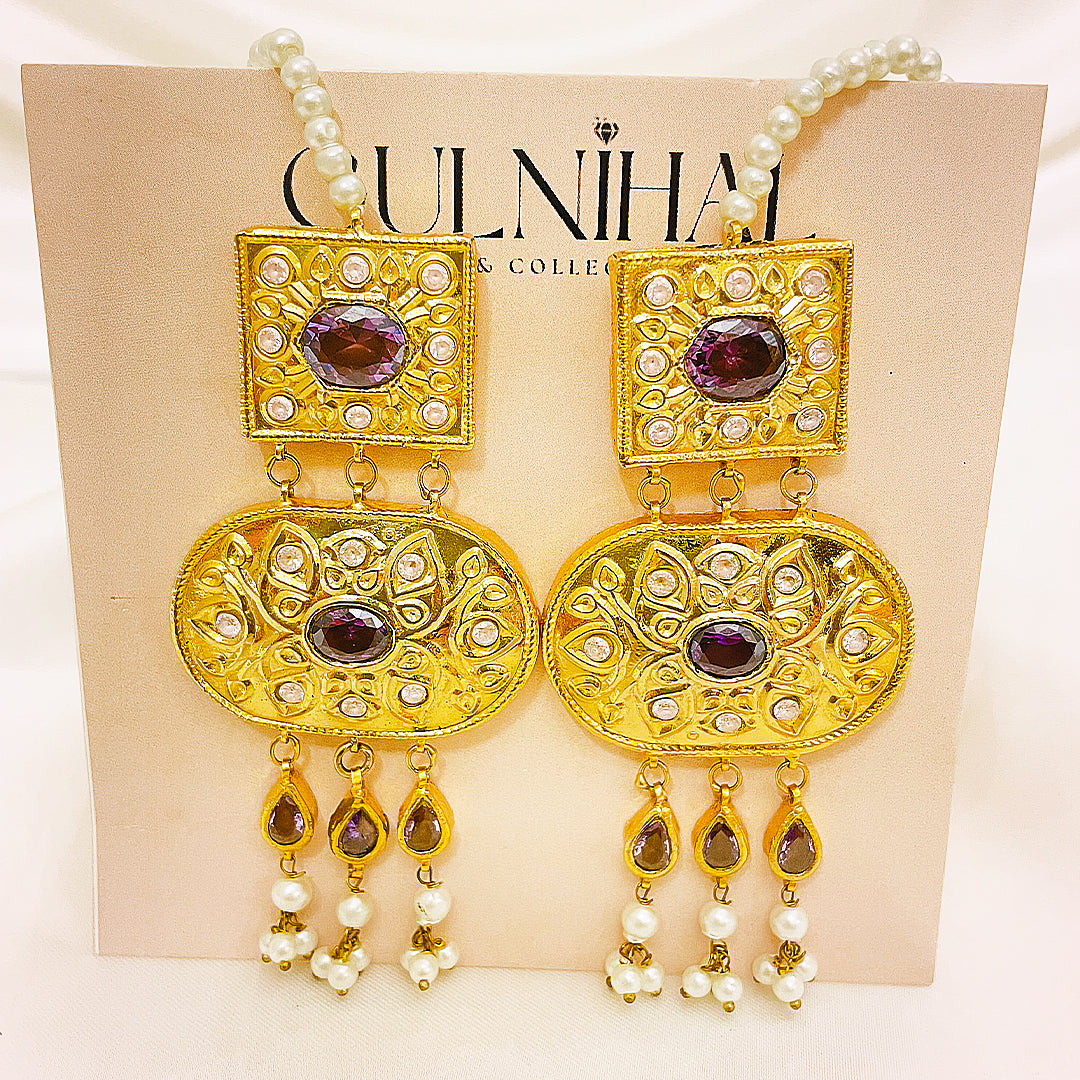 Ranya Tappa Kundan Gold Plated Earrings – Square & Oval Dual Motif With Purple Stone Accents