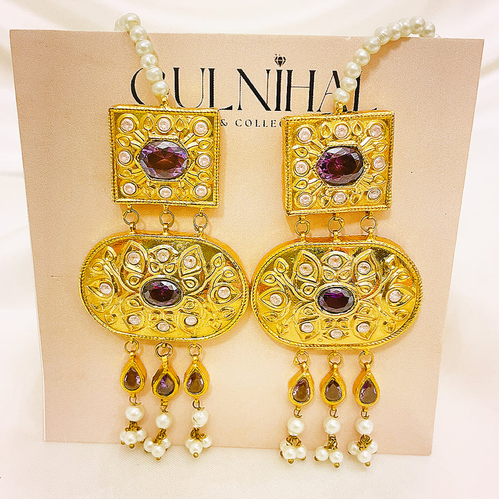 Ranya Tappa Kundan Gold Plated Earrings – Square & Oval Dual Motif With Purple Stone Accents
