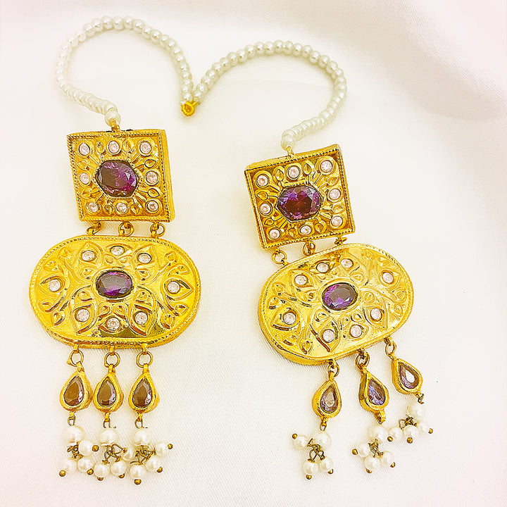 Ranya Tappa Kundan Gold Plated Earrings – Square & Oval Dual Motif With Purple Stone Accents