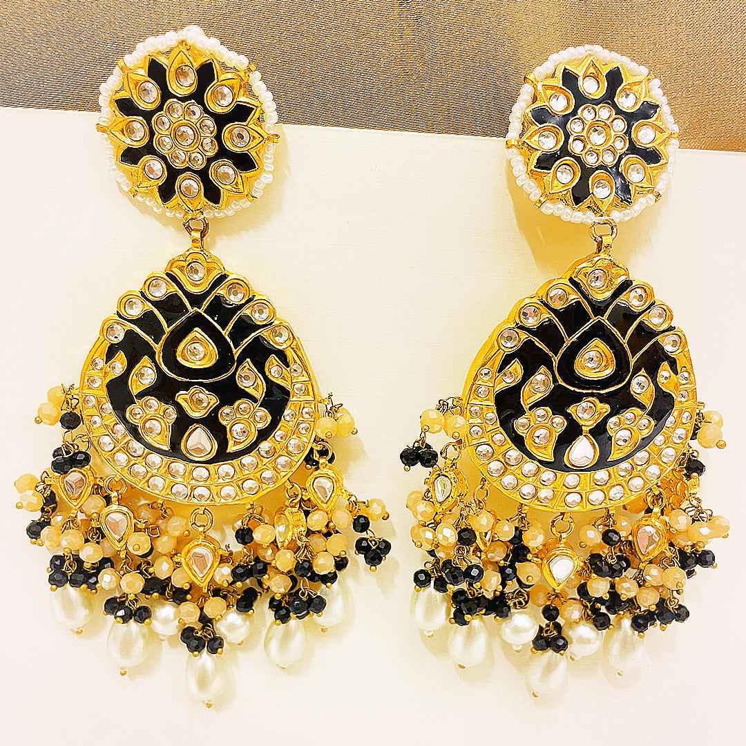 Parish Tappa Kundan Gold-Plated Earrings – Black Mina With Pearl & Beaded Droplet Detailing