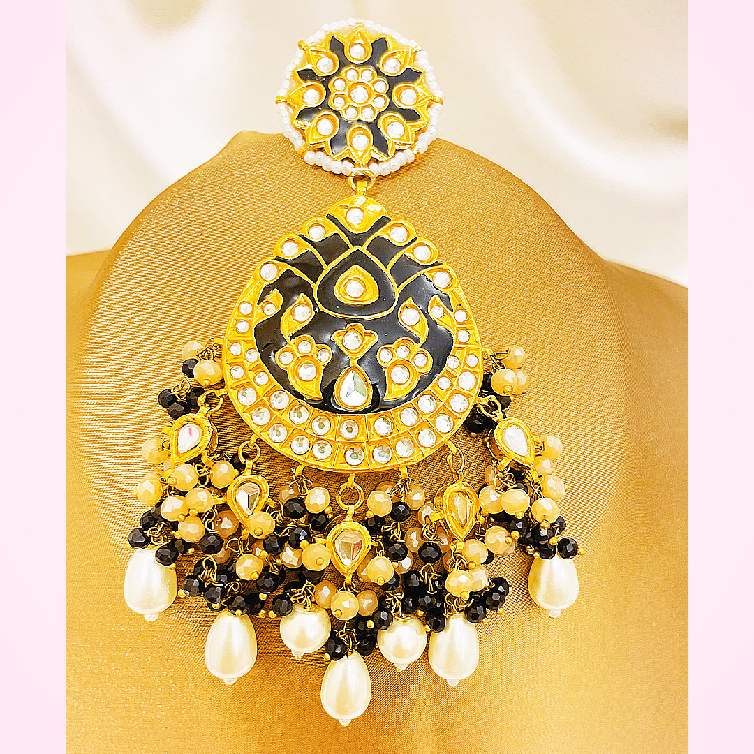 Parish Tappa Kundan Gold-Plated Earrings – Black Mina With Pearl & Beaded Droplet Detailing