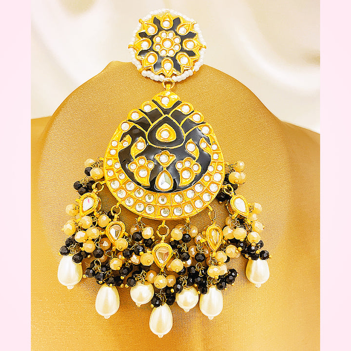 Parish Tappa Kundan Gold-Plated Earrings – Black Mina With Pearl & Beaded Droplet Detailing